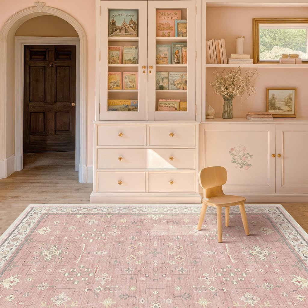 Regine Switzerland Washable 8x10 Blush Pink Rug - Soft, Non-Slip Floral Design for Bedroom & Living Room