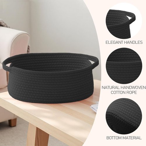 JMvicyroam Woven Storage Baskets - Small Rope Bins with Handles for Organizing Shelves | Black, 3-Pack