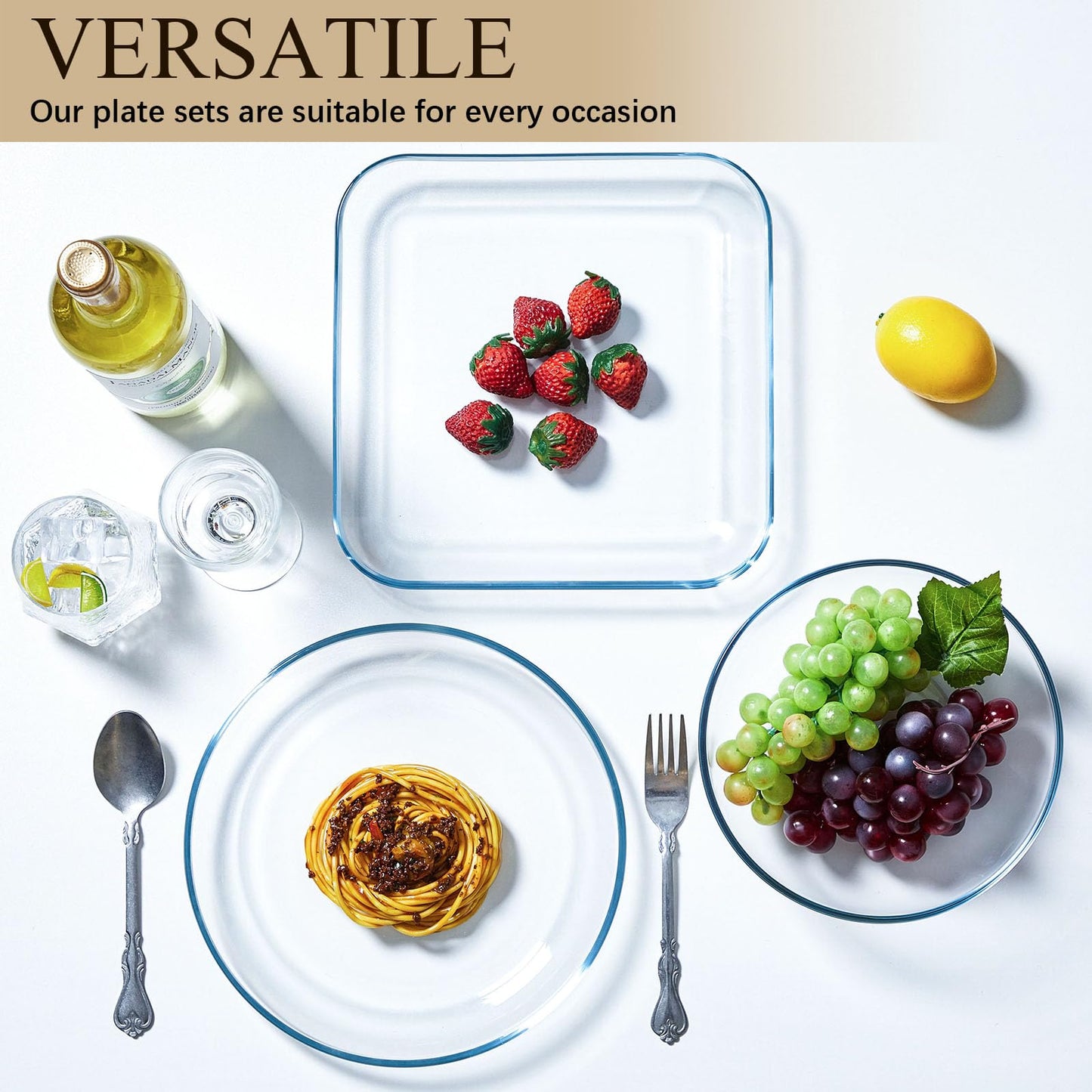 6 Pcs Clear Glass Dinnerware Set Glass Plates and Bowls with Blue Tint Round Square Tempered Plates 10'' and Kitchen Serving Bowl 8'' for Dessert, Salad, Fruit, Dishwasher and Microwave Safe