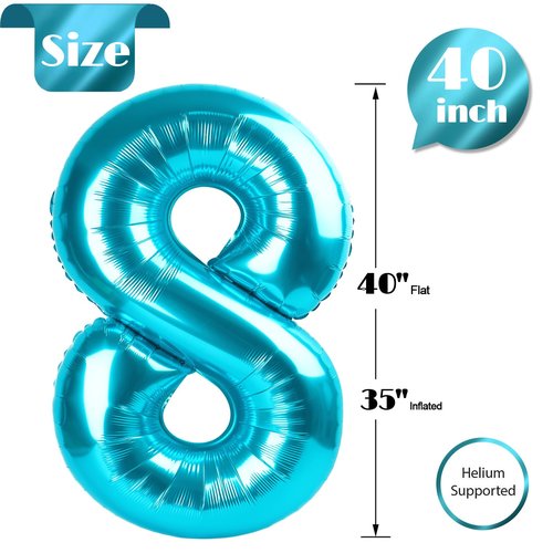8 Balloon, Blue Number Balloons 40 Inch, 8th Birthday Decorations for Boys Girls, Blue Birthday Balloons Party Supplies, Number 8 Balloon