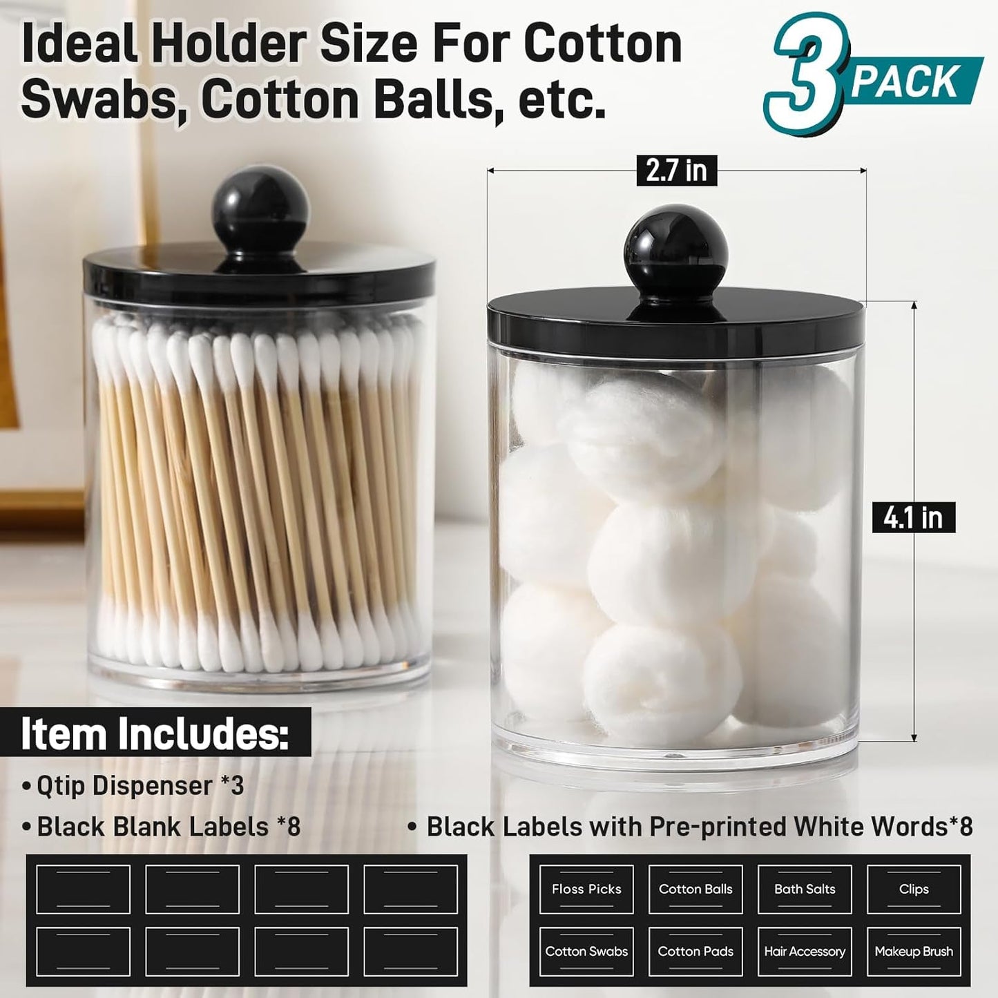 Skiennix Acrylic Qtip Holder Dispenser - 3 Pack Cotton Swab Storage Canisters | Clear & Black Bathroom Decor