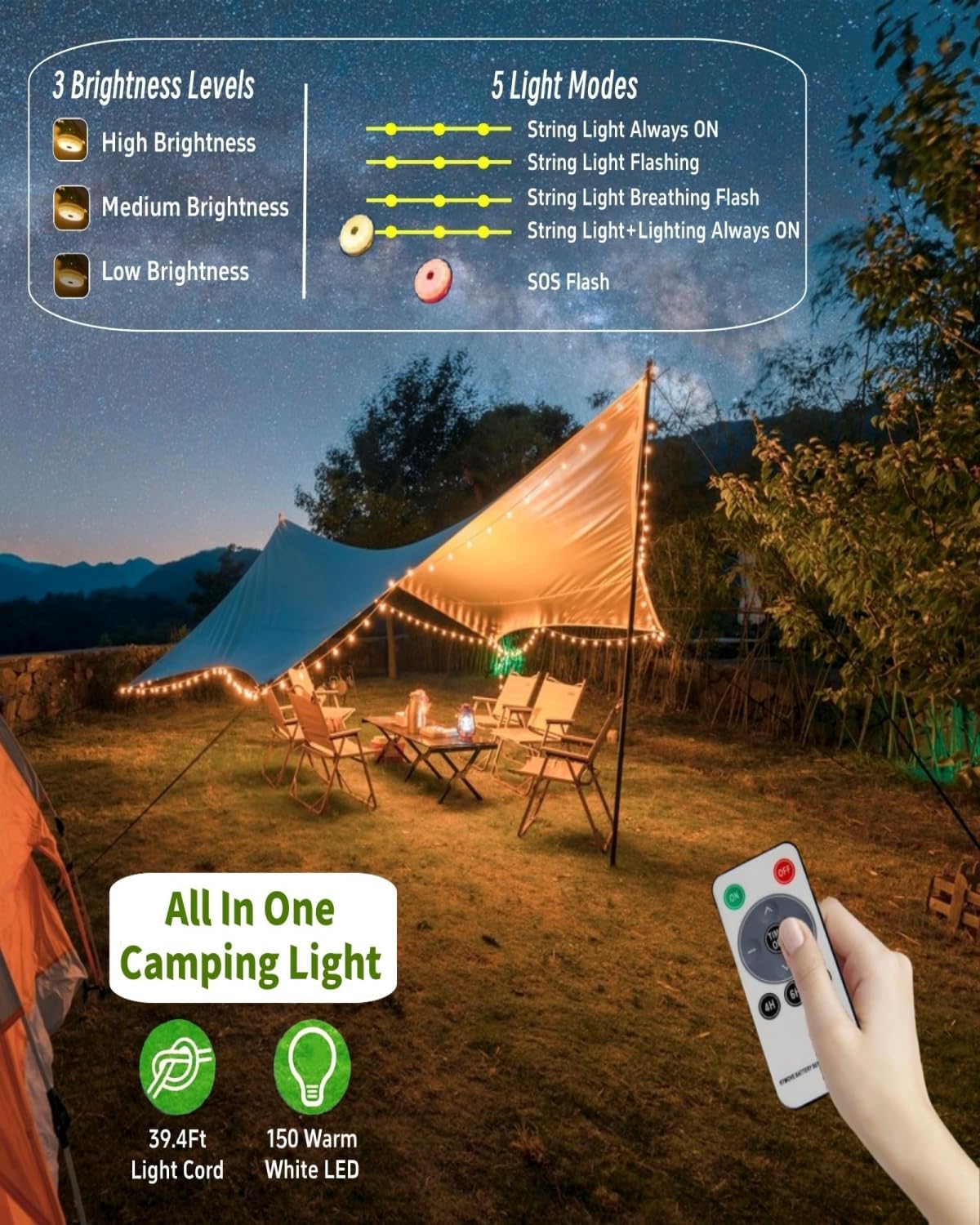 Skiennix Solar Camping String Lights - 39.4 FT Waterproof Fairy Lights with 8 Lighting Modes | Portable LED Lantern for Outdoor Parties