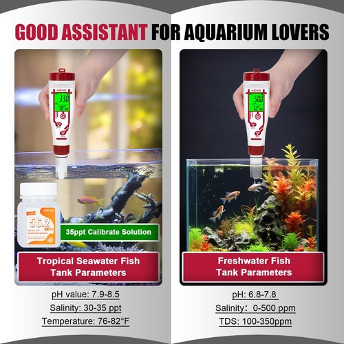 Aquarium Salinity pH Meter,Digital Pool Salt Tester,Simultaneously Display 5 in 1 PPM pH EC Reader Water Quality Tester for Pool, Aquaponics,Koi Pond, Coral Reef Tank