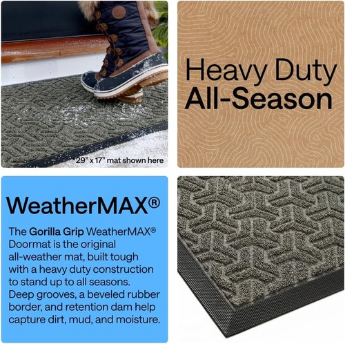 GORILLA GRIP Waterproof All-Season WeatherMAX Doormat - Natural Rubber, Stain & Fade Resistant, 29x17, Slate Geometric