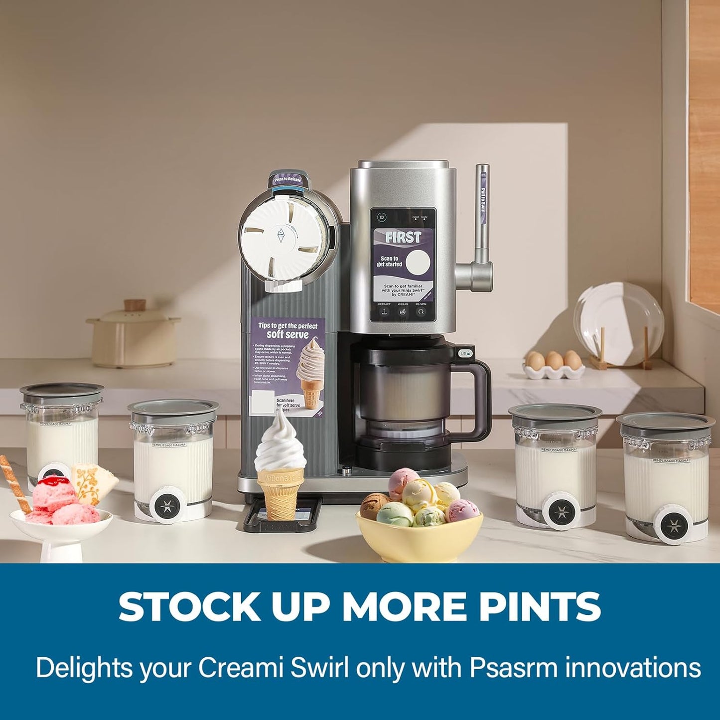 Skiennix Swirl Ice Cream Makers - 4 Pack Pints with Lids | Compatible with Ninja NC700 Series, Dishwasher Safe