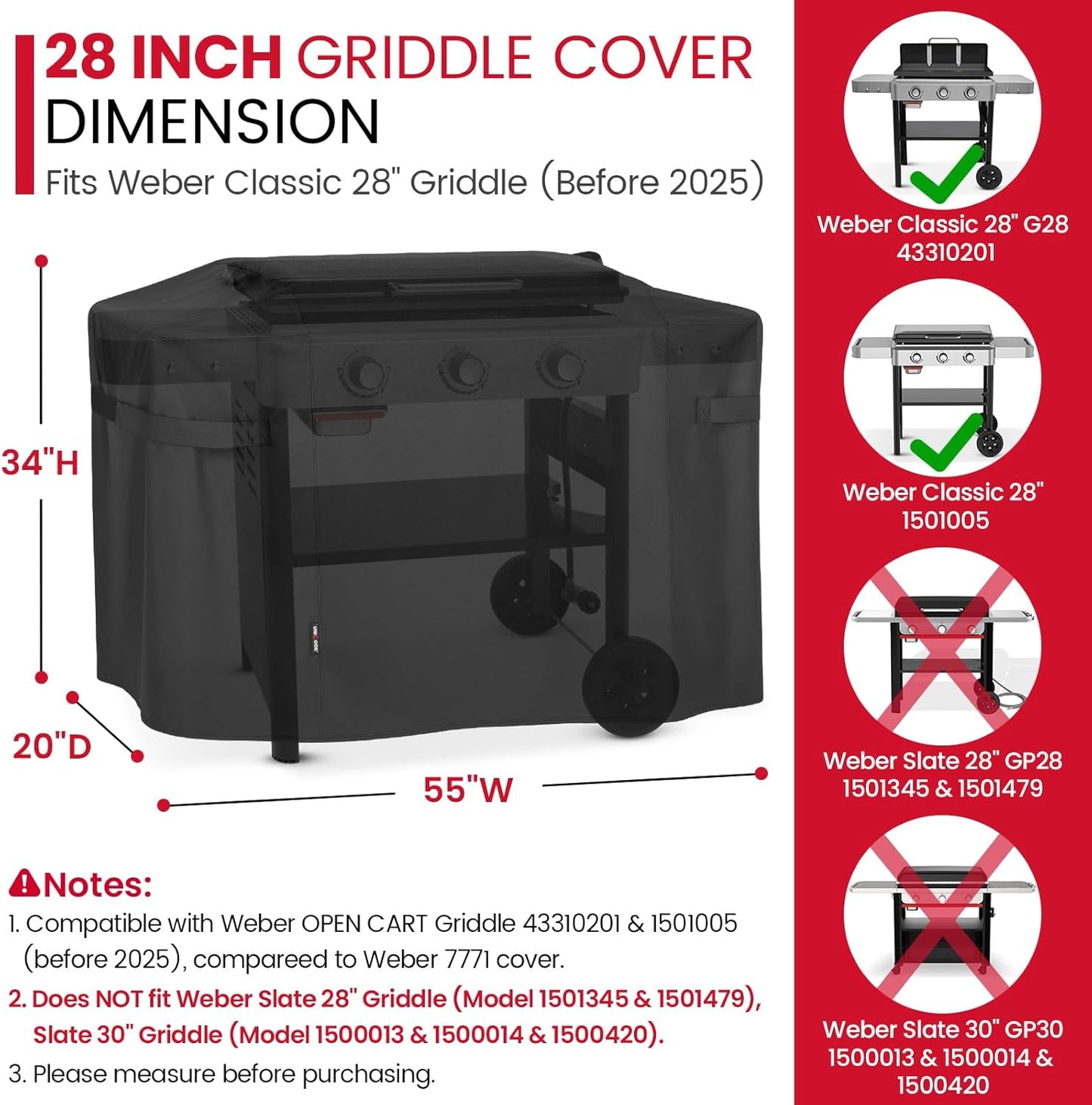 Unicook Griddle Cover - Heavy Duty Waterproof Protection for Weber 28 Inch Gas Griddle | Black