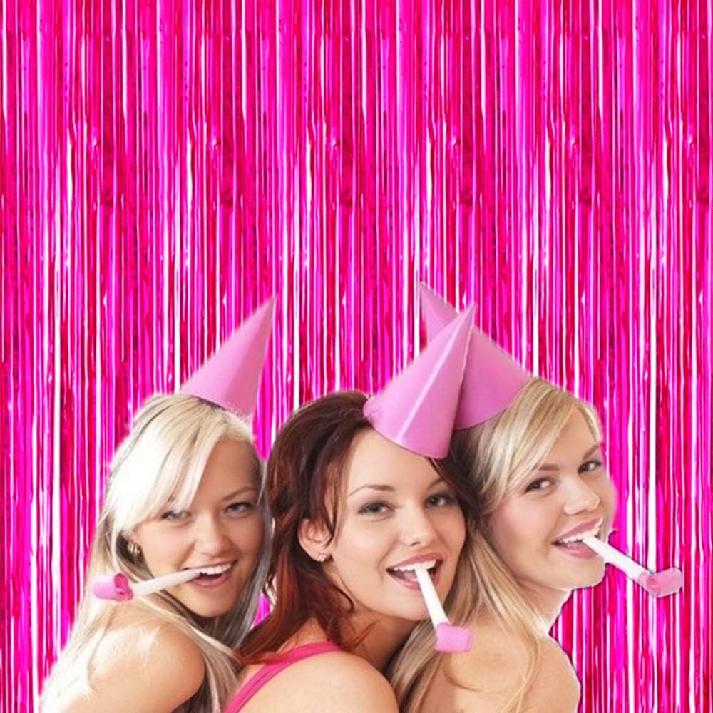 Shiny Hot Pink Metallic Tinsel Foil Fringe Curtains by [Brand Name] - 2 Pcs 3.2ft x 8.2ft Backdrop for Birthday & Wedding Celebrations
