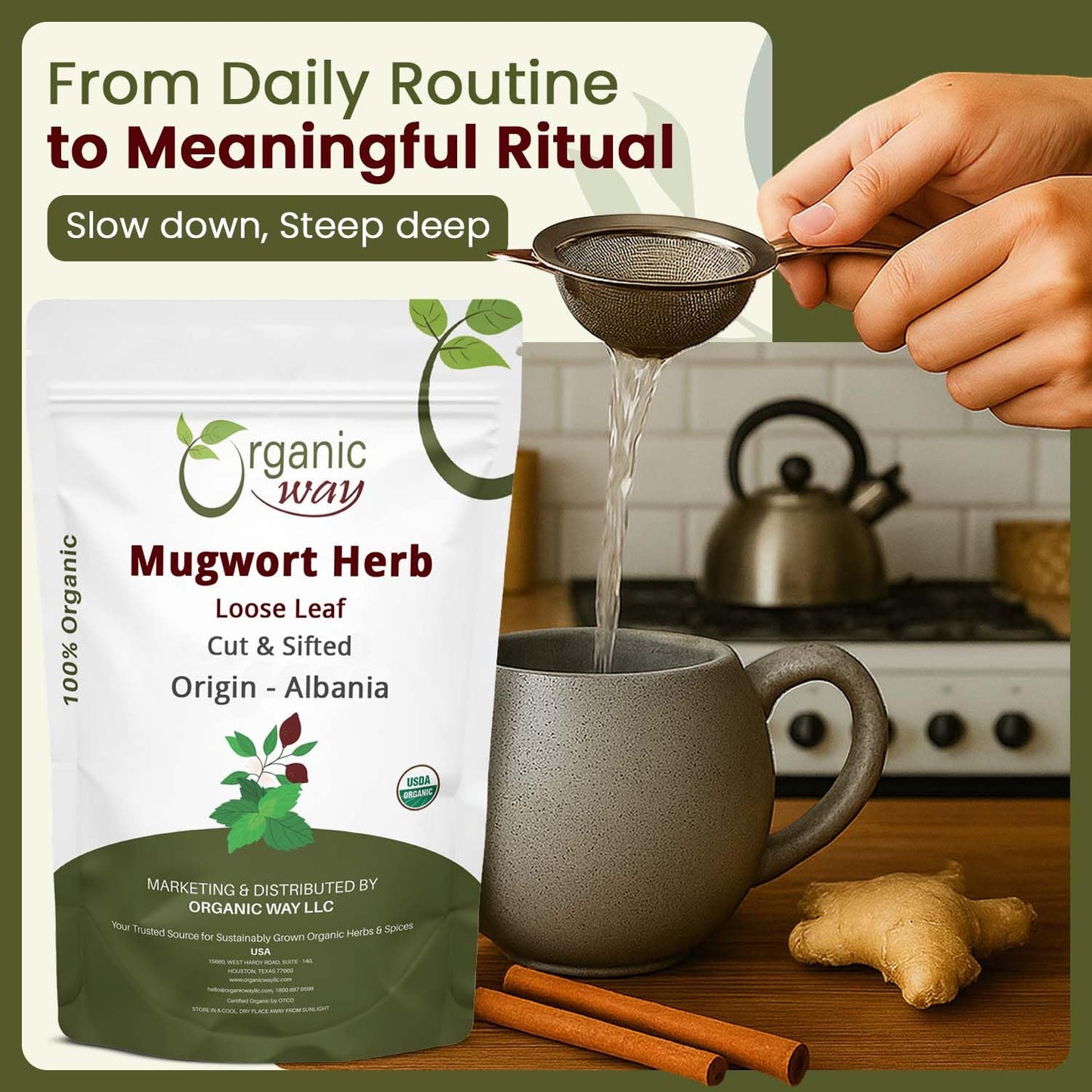 Organic Way Mugwort Herb Loose Leaf Cut & Sifted (Artemisia Vulgaris) Herbal Tea | Kosher & USDA Certified | Vegan, Non-GMO & Gluten Free | Raw from Albania (16 Ounce (pack of 1))