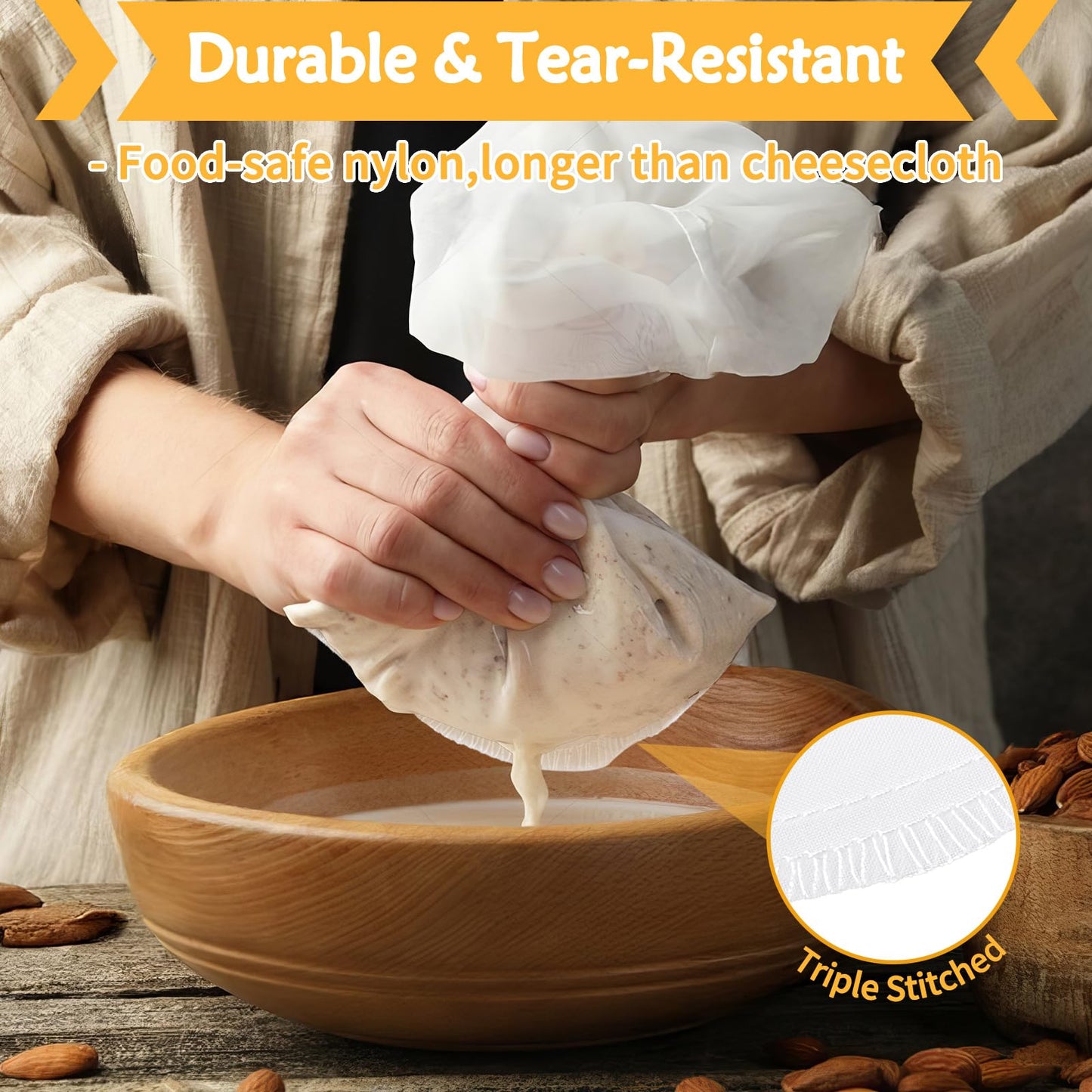 XL 4 Pcs Food Grade Nut Milk Bag Reusable, Grade 100, 12" x 12" Nut Bag Strainer, Fine Mesh Nylon Cheese Cloth Bags for Straining Oat Almond Milk, Greek Yogurt, Juice, Cold Brew Coffee, Beer Tea