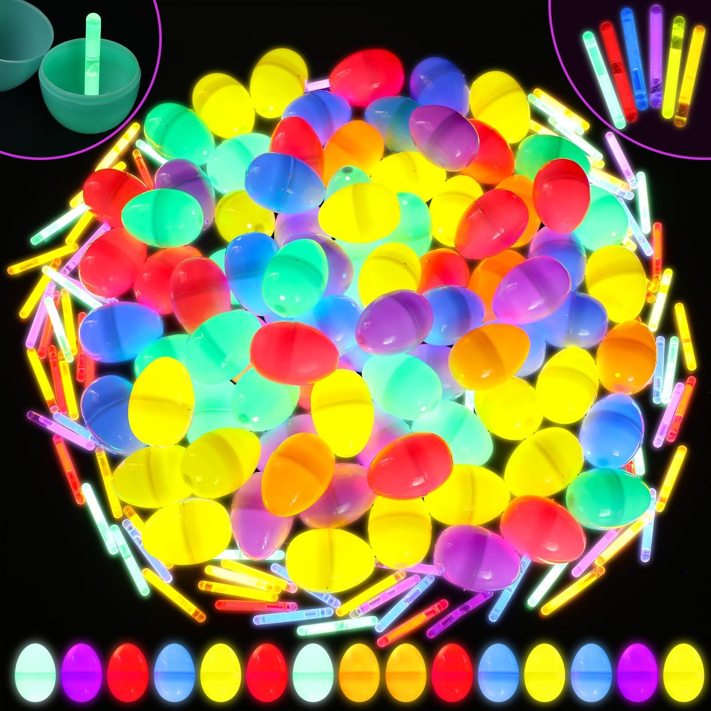 PullCrease 720 Pieces Easter 1.77 Inch Glow in The Dark Eggs Bulk Include 360 Pcs Mini Easter Glow Eggs with 360 Pcs Mini Sticks Basket Stuffers for Night Egg Hunt Party Supplies(Multicolor)