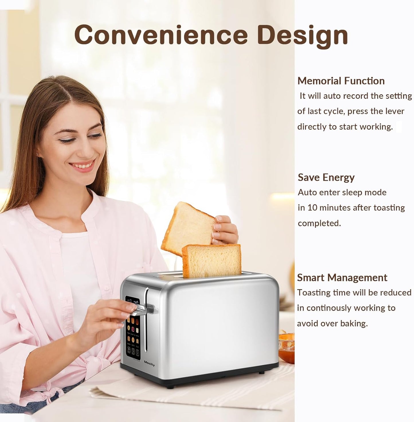 Mecity 2-Slice Stainless Steel Toaster - Touch Screen, 1.5" Wide Slots, Timer & Defrost Function