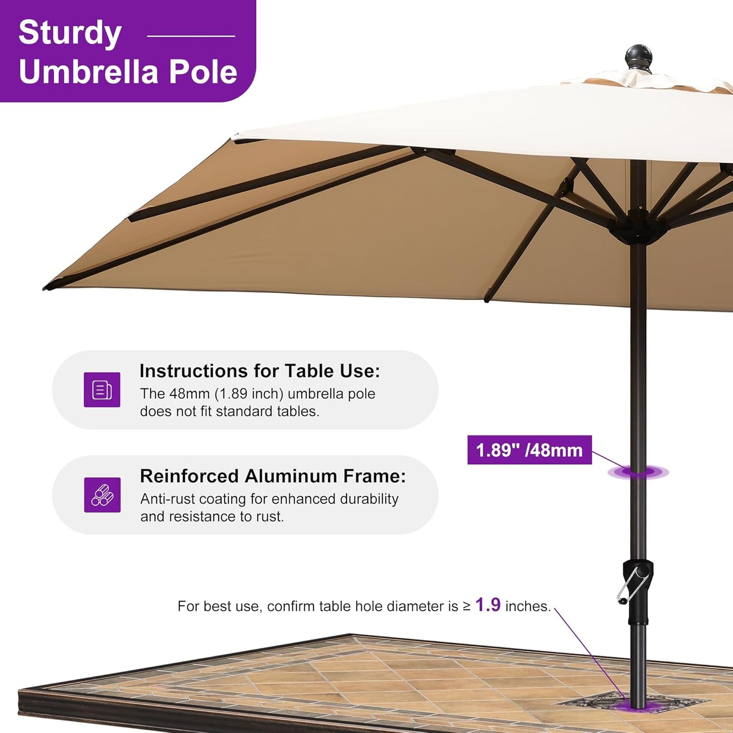 PURPLE LEAF 10' x 10' Square Patio Umbrella - Durable Aluminum Frame with 8 Ribs | Beige Sunshade for Garden & Pool