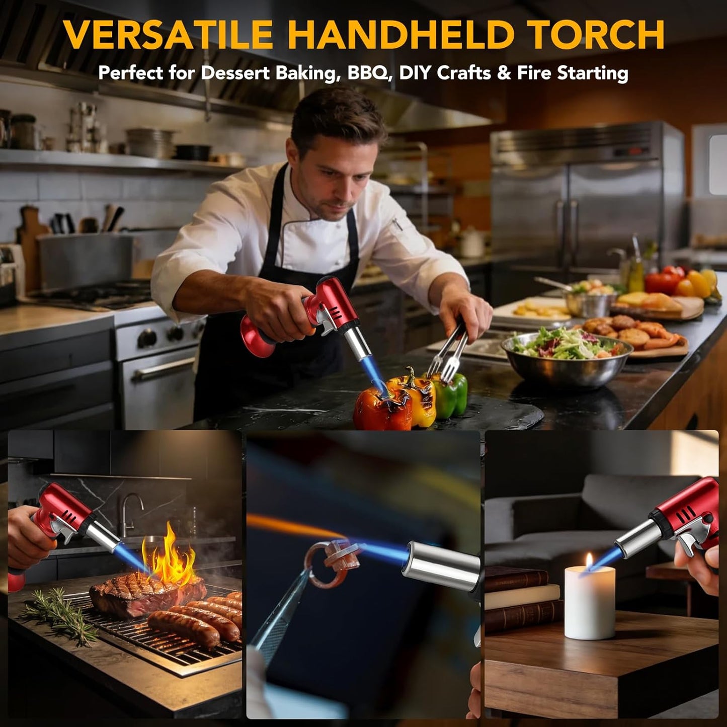Semlos Butane Torch - Refillable Kitchen Lighter with Safety Lock & Adjustable Flame | Ideal for DIY, Crème Brûlée & Soldering