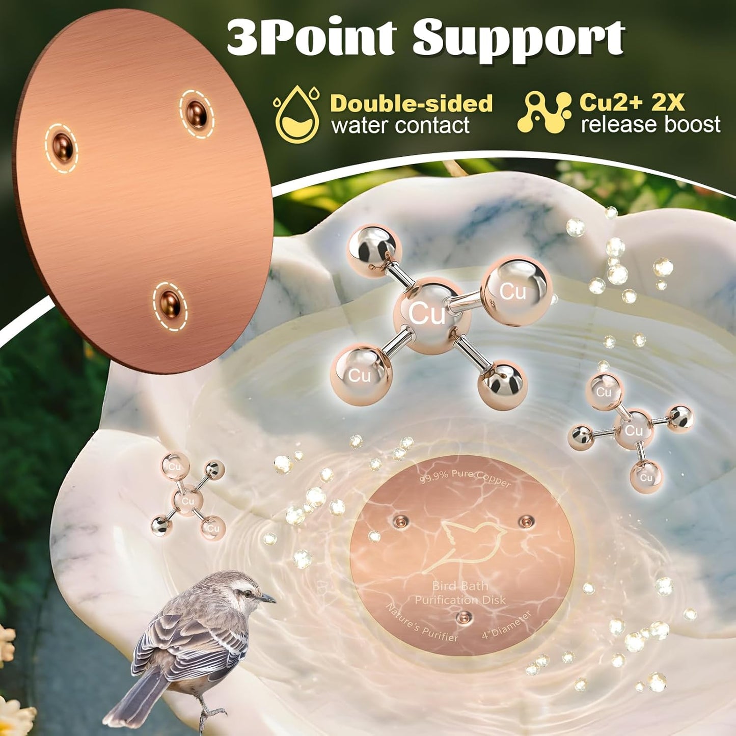 NNG Copper Bird Bath Purification Disk - 0.6mm Thick Reinforced 99.9% Pure Copper | All-Season Outdoor Cleaner