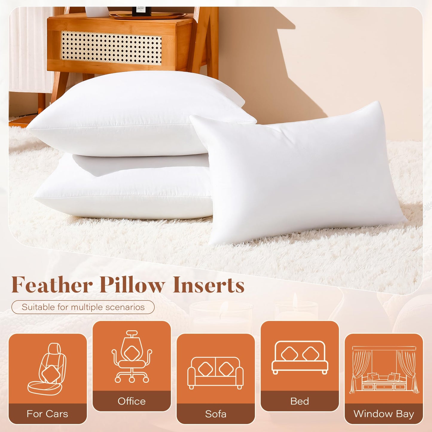 DOWNSTORIA 26x26 Euro Pillow Inserts Pack of 2, Natural Feather Down Pillows with 100% Cotton Cover