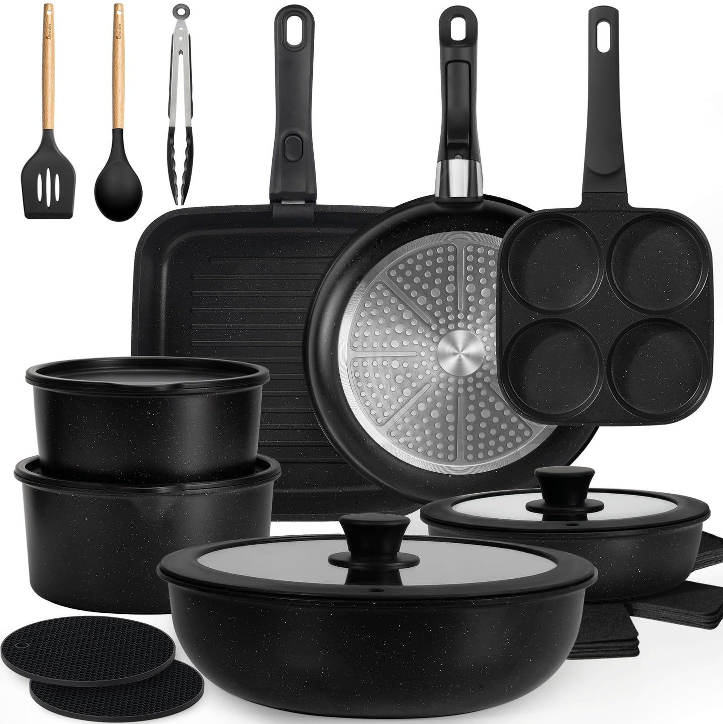 KIKCOIN Nonstick Pots and Pans Set 24 Pack - Kitchen Cookware Set with Detachable/Removable Handle - Cooking Pans Set with Frying Pans, Egg Pan - Stackable, Oven Safe, Induction Ready