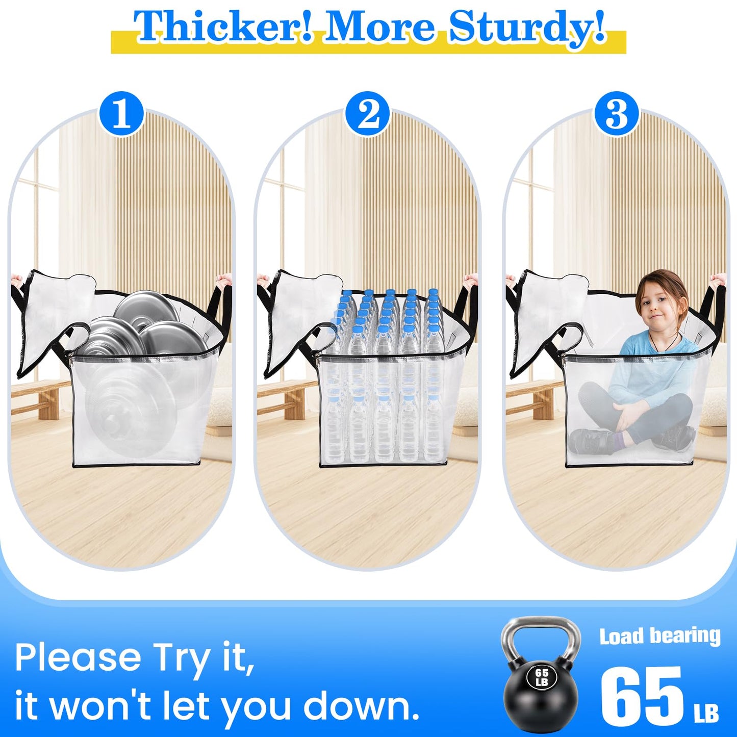 BlissTotes 6-Pack Large Moving Bags with Backpack Straps & Strong Zippers, Heavy-Duty Storage Bags Moving Boxes for Space Saving, Dorms, Transport, 93L-25 Gallons, Clear