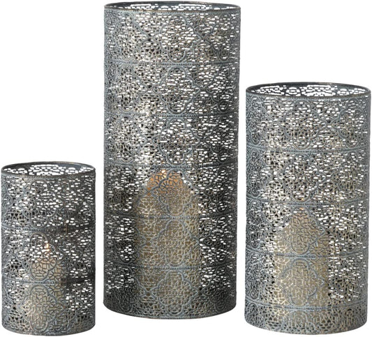 3 Piece Alhambra Hurricane Lantern Set, Lattice, Quatrefoil Pattern Metal Work, Distressed Dark Gold and Grey, Green Patina, 15.75 Inches Null