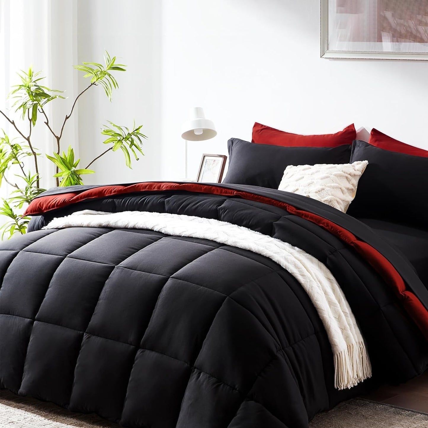 COZYART King Comforter Set 7 Pcs, Red Bed in a Bag, All Season Lightweight Soft Reversible Bedding Sets, 1 Comforter, 1 Flat Sheet, 1 Fitted Sheet, 2 Pillow Shams, 2 Pillowcases