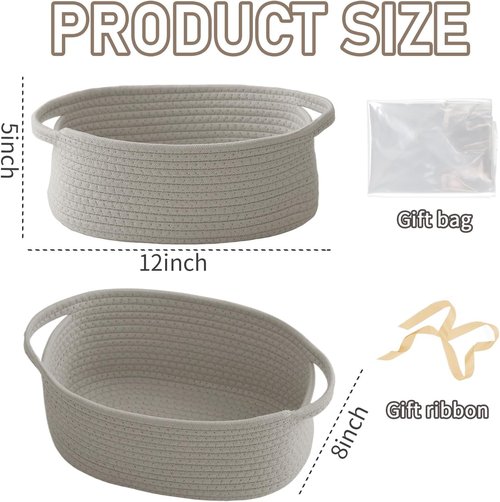 JMvicyroam Woven Basket - Small Rope Storage Bin with Handles for Organizing Shelves & Closets - Grey