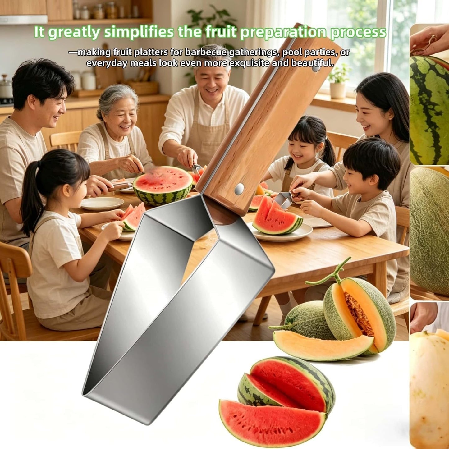 Skiennix Triangle Watermelon Cutter - Large Stainless Steel Slicer with Wooden Handle | 2-Piece Set for Home & Picnic