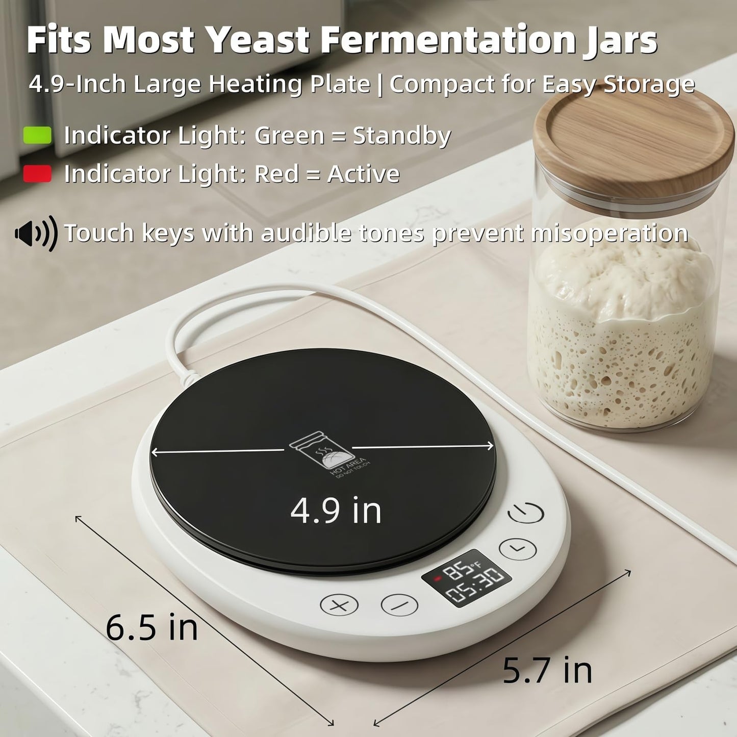 amhshkou Sourdough Starter Warmer - Professional 1°F Precision, 24H Auto Shutdown Timer, Delayed Start, 4.9" Surface for Perfect Fermentation (White)