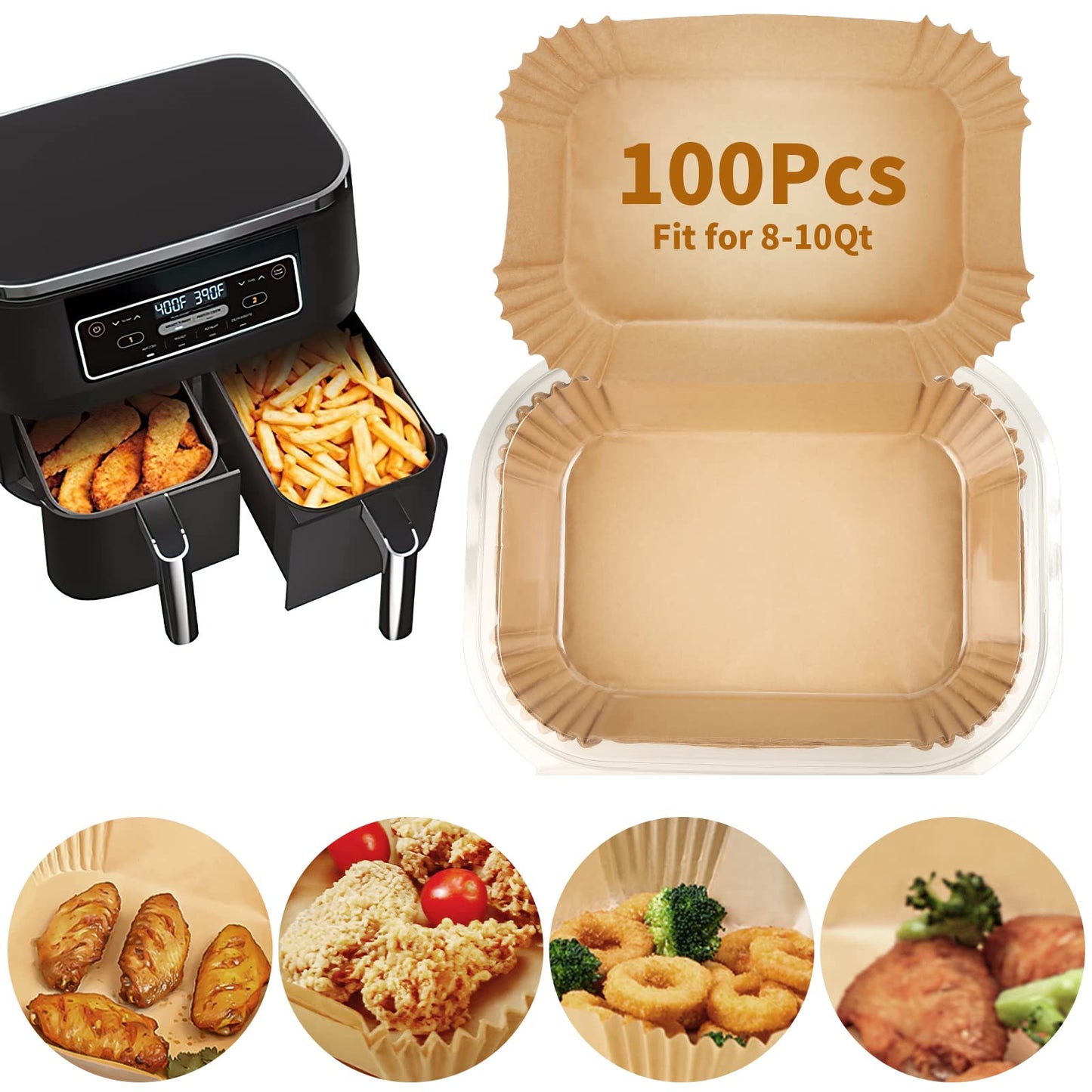 Air Fryer Disposable Paper Liner for Ninja DZ201/DZ401/DZ550/DZ302/SL401/SL451,100PCs Rectangle 8.6x 5.5'' Baking Parchment Paper Inserts Accessories,Ninja Foodi Dual Papel para Freidora de Aire