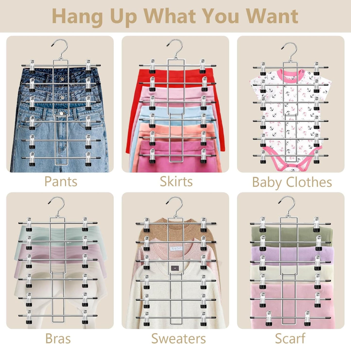Skiennix Pants Hangers with Clips - Space-Saving 6-Tier Closet Organizer | 360° Swivel Hook - 2 Pack