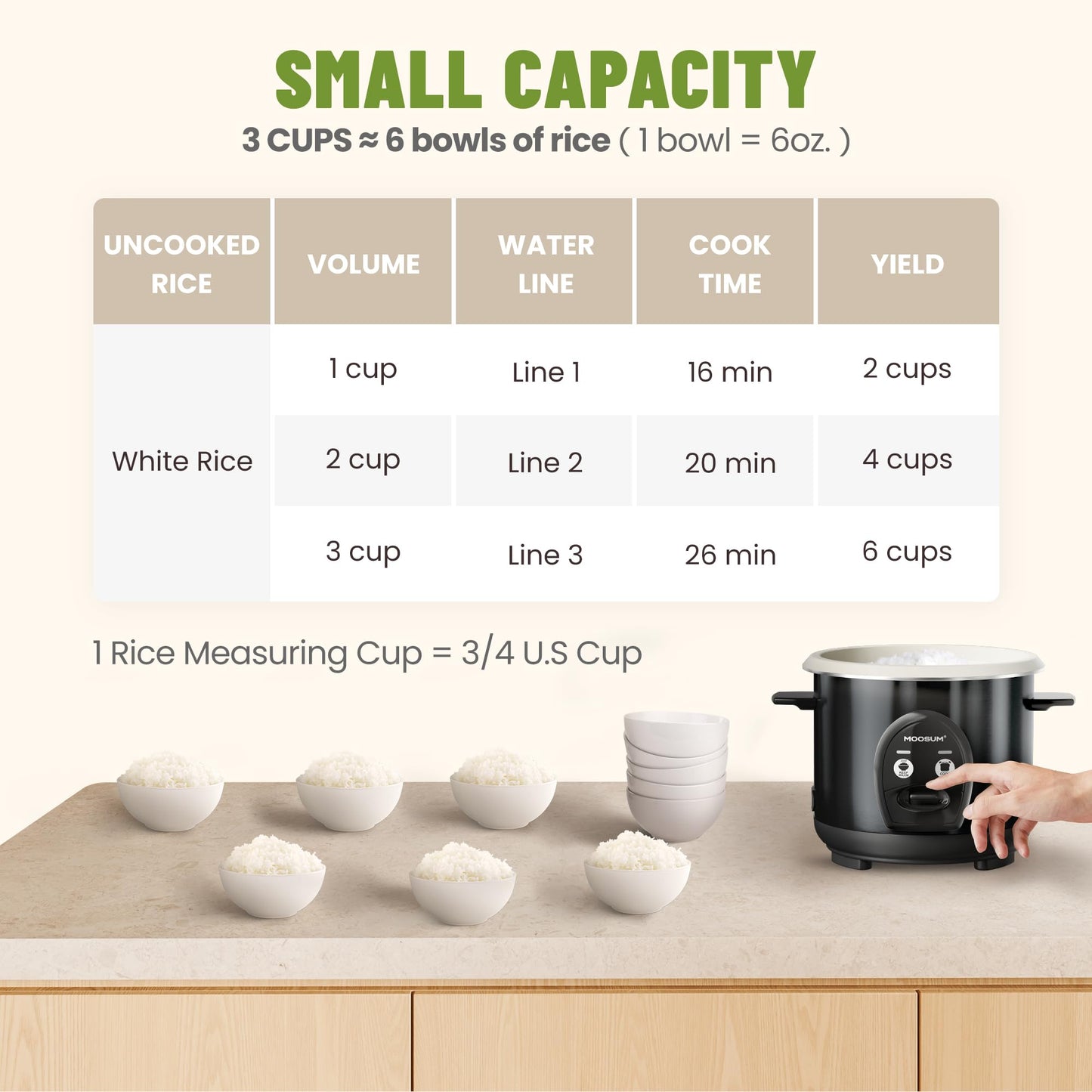 MOOSUM 3-Cup Uncooked Rice Cooker Small - Ceramic Coating Non-Toxic Inner Pot, One-Touch Multifunction for Rice/Sauté/Yogurt, Dishwasher Safe, 1-3 People Size, Black