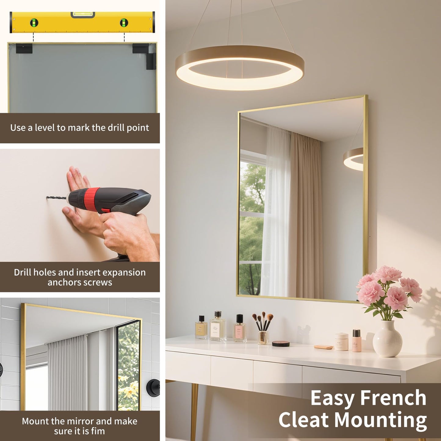 CLBA Brushed Gold Mirror, 30x36 Inch Aluminum Framed Square Corner Wall Mirror for Over Sink, Vanity, Horizontal/Vertical