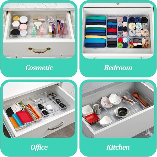 16-Pack Plastic Drawer Organizers by [Brand Name] - Versatile Non-Slip Storage Bins for Kitchen, Office & Bathroom - Clear