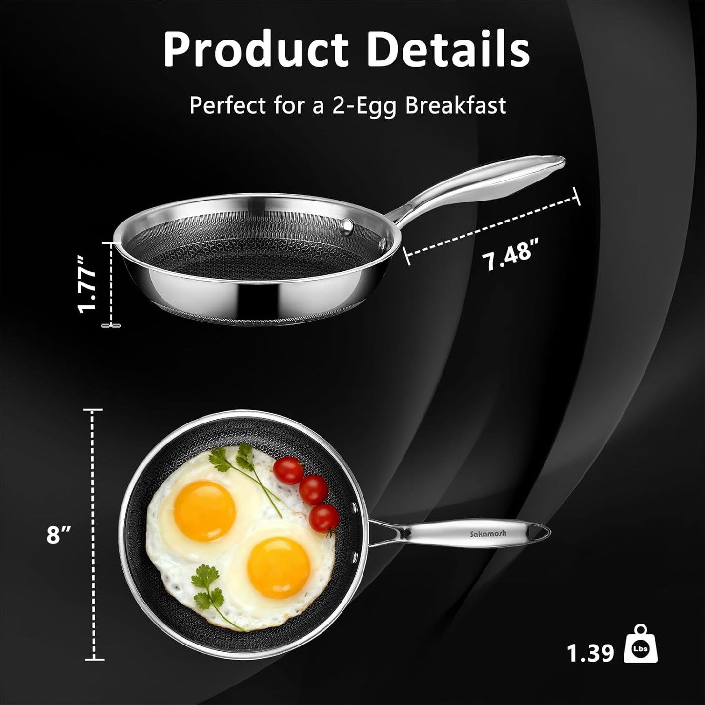 SAKAMOSH 8" Non-Stick Frying Pan - Hybrid Ceramic Stainless Steel Skillet with Stay-Cool Handle | Dishwasher & Oven Safe