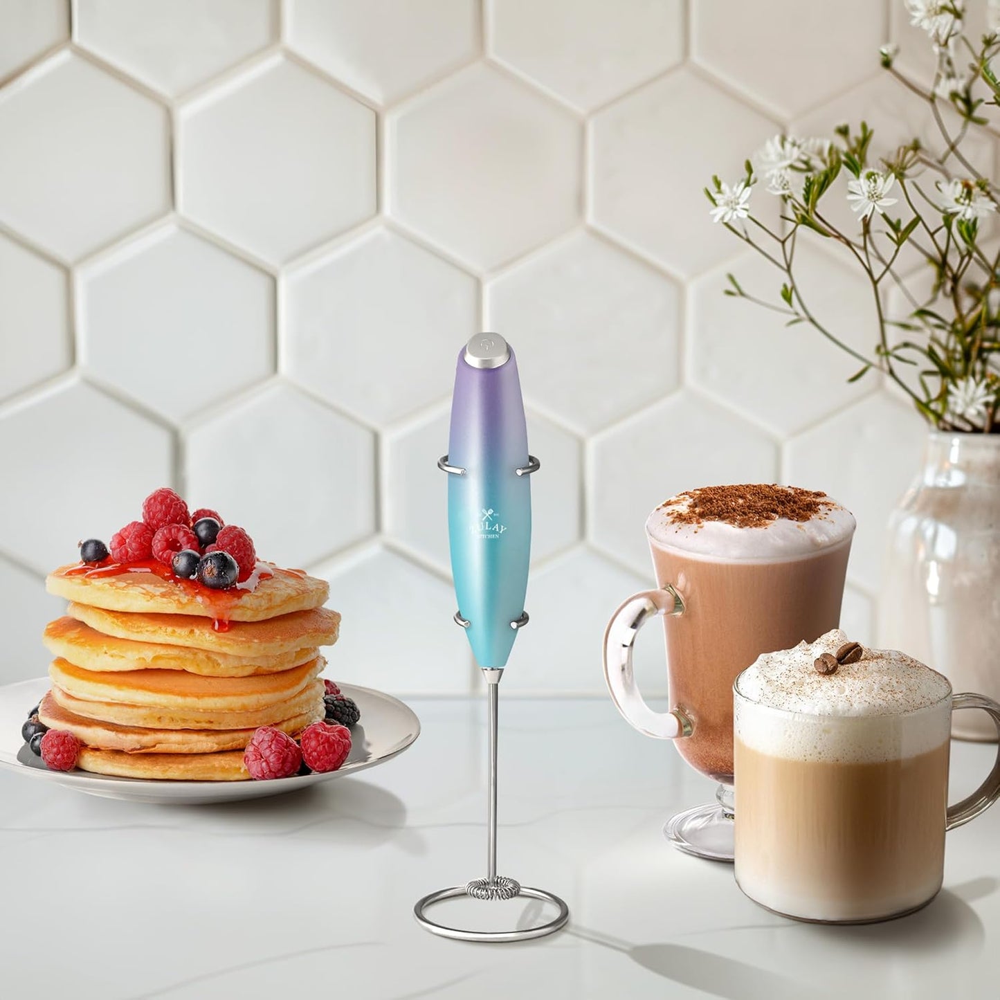 Zulay Kitchen Milk Frother Wand - Ultra-Fast Handheld Drink Mixer with 4 AA Duracell Batteries | Perfect for Coffee, Lattes, Cappuccino, Matcha & Creamer