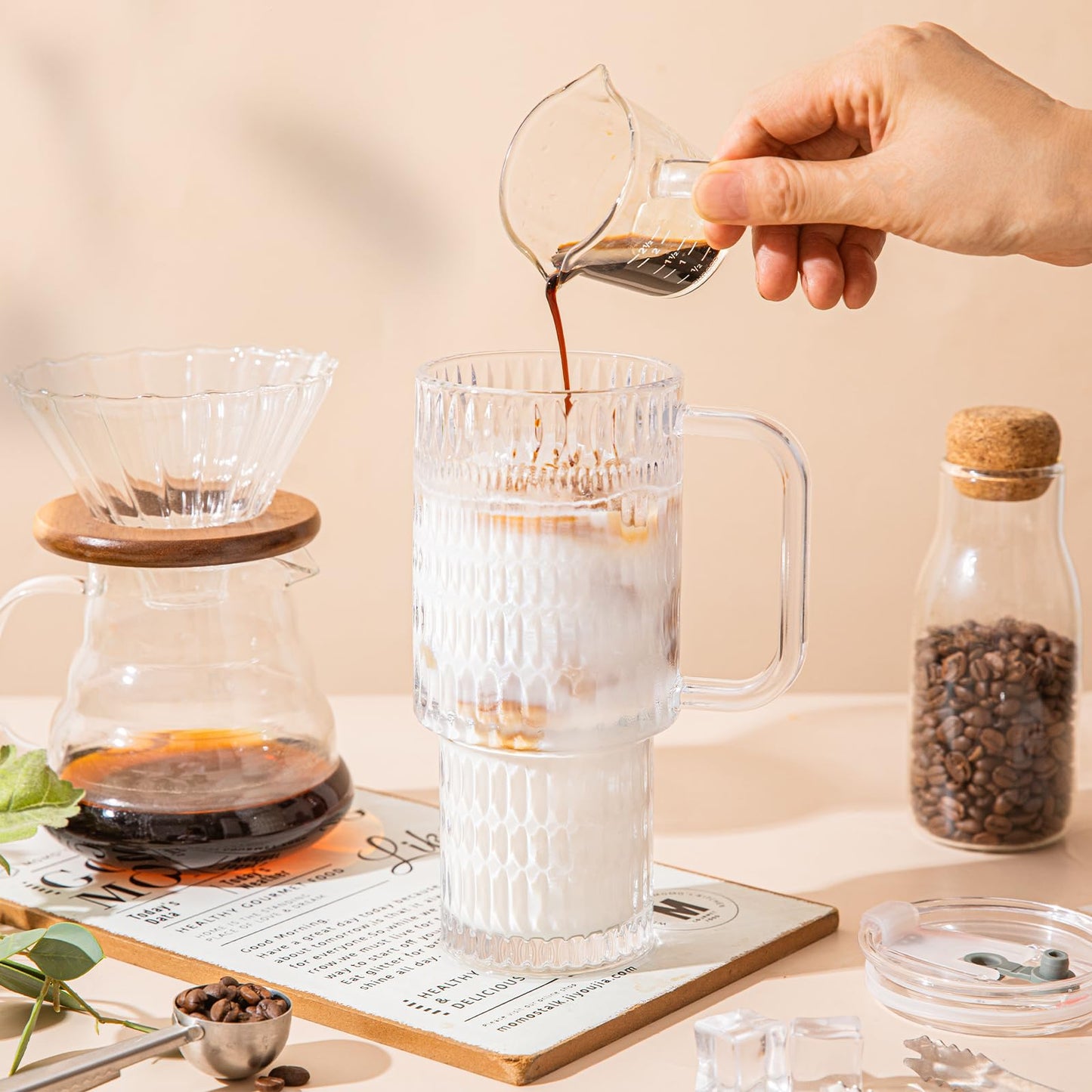 SoulTimes 26oz Raindrop Glass Tumbler with Handle - Set of 2, Reusable Iced Coffee Cup, Glass Cup with Lid and Straw for Smoothies, Juice, Coffee, Tea, Milk & More