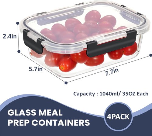 HOTEC 35oz Glass Food Storage Containers - Airtight Lunch & Fruit Containers, 4-Pack | Microwave & Dishwasher Safe