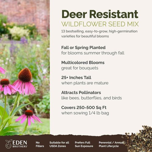 Eden Brothers Wildflower Mixed Seeds - Deer Resistant, Attracts Pollinators | 1/4 lb, 120,000+ Seeds
