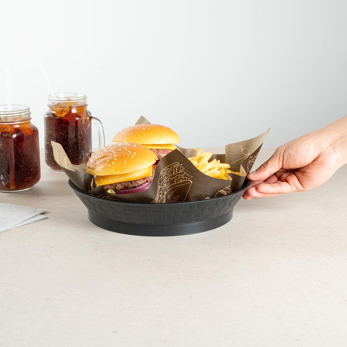 Restaurantware Round Serving Baskets 10 Pack of 10.47 x 2.17 Inch with Base Drainage Slots Microwavable Dishwashable Stackable Plastic Black Food Serving Trays for Restaurants and Catering