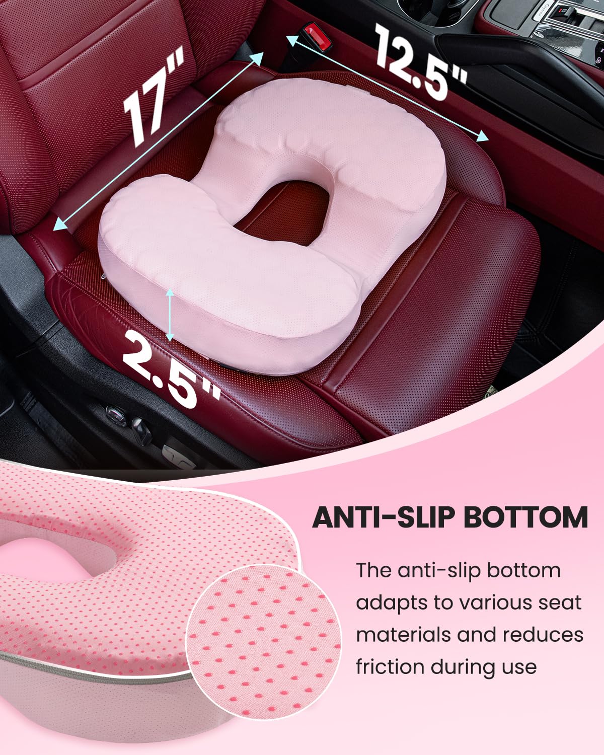 Sino Salected Portable Donut Pillow, Doughnut Pillow for Tailbone Pain, Non-Slip Removable Cover, Hemorrhoid Cushion for Postpartum ＆ Sciatica, Memory Foam Seat Cushion, Pink