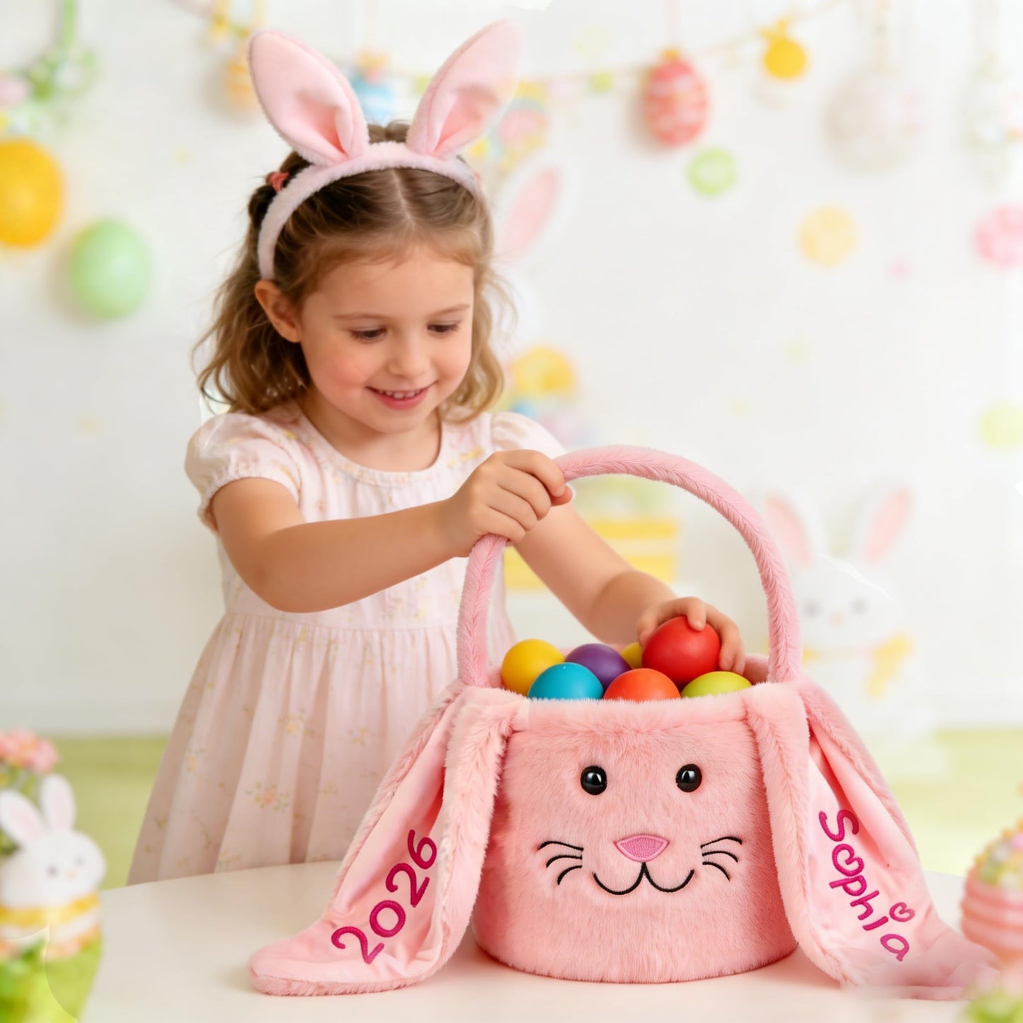 Personalized Easter Baskets for Kids, Custom Bunny Plush Bag with Name for Boys & Girls Spring Egg Hunt Tote with Long Plush Ear, Easter Gift Basket Decor Christmas Birthday Gifts