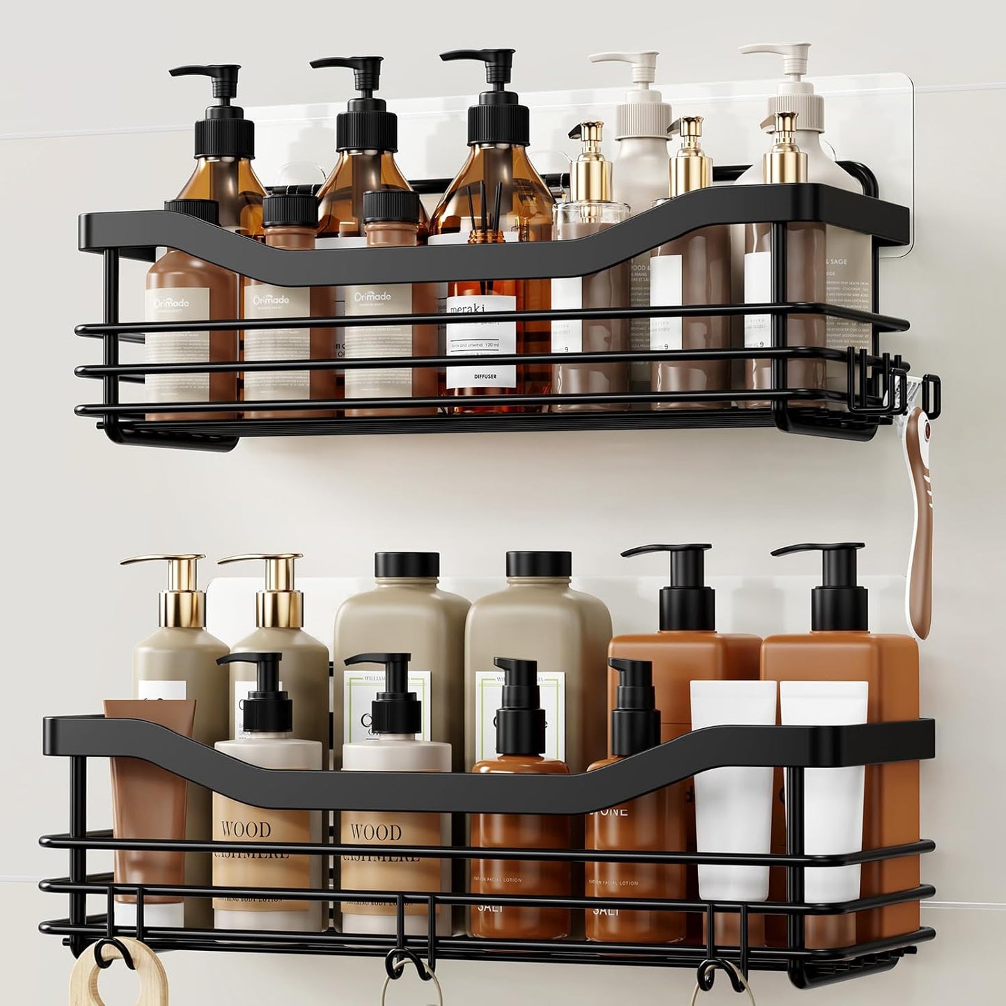 Orimade Shower Caddy Shelf - Rust Resistant Wall Mounted Organizer with 5 Hooks | 2 Pack, Black