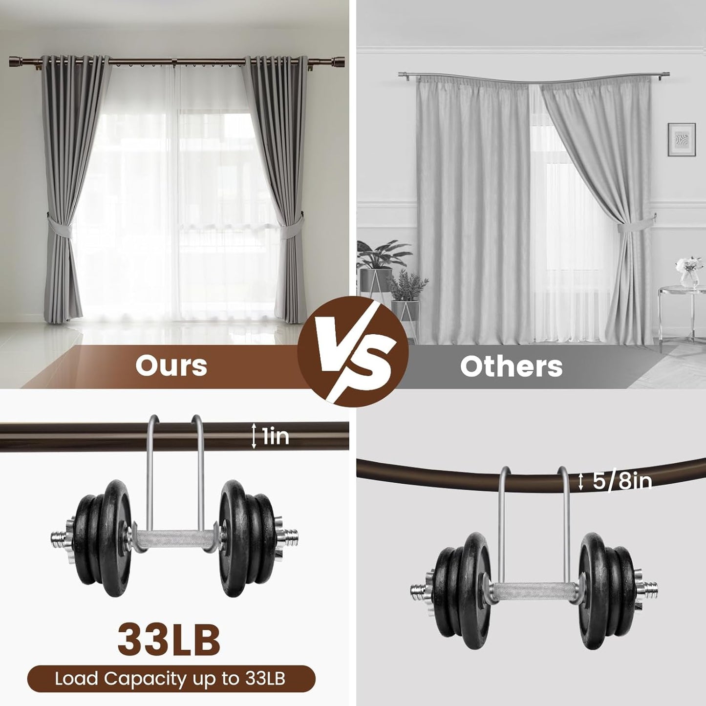 Regine Switzerland Heavy-Duty Adjustable Curtain Rod - 30 to 90 Inch, Brown, 1 Inch Diameter