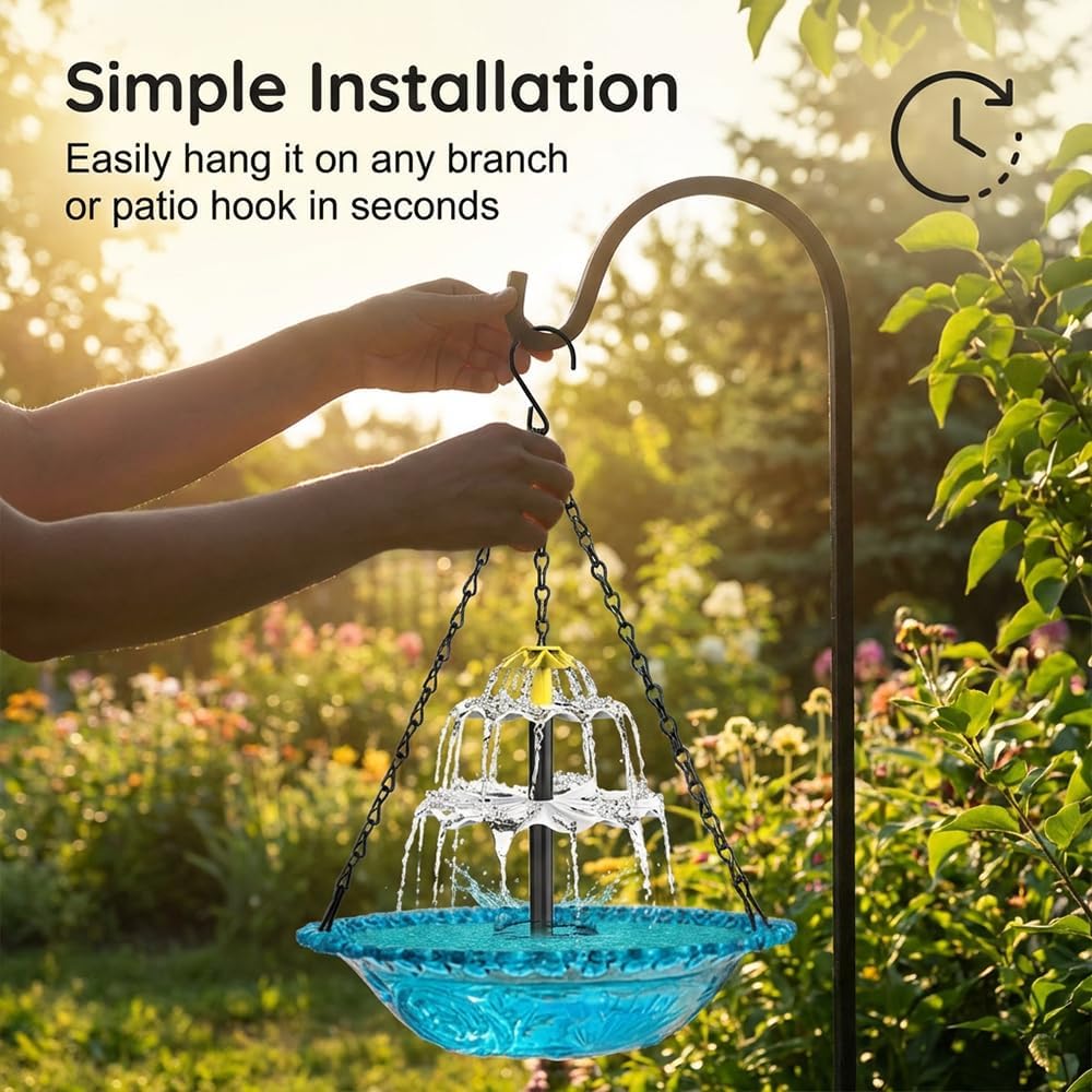 Skiennix Solar Hanging Hummingbird Bath Fountain - Glass Bowl Water Feature for Garden & Patio (Blue)