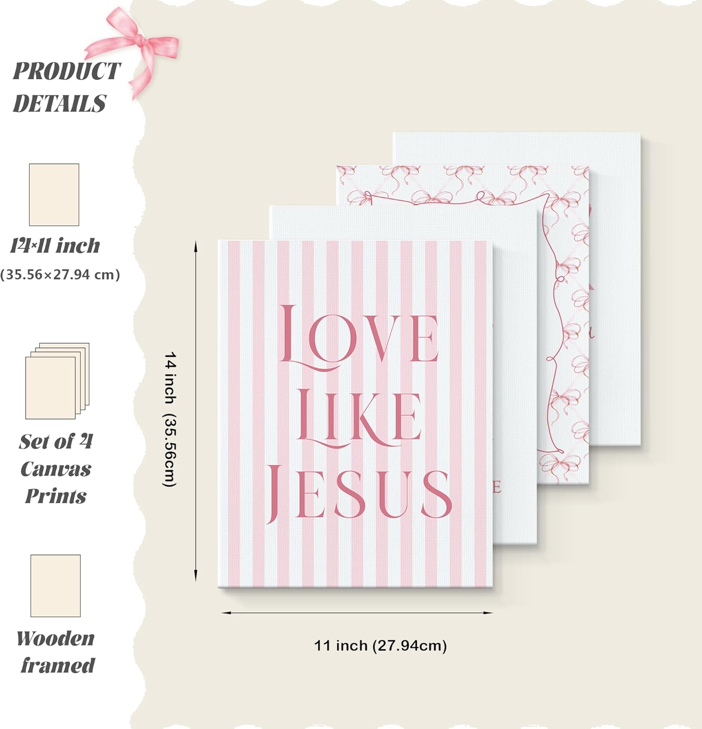 LARTSFRO Coquette Pink Bow Canvas Wall Art - Inspirational Bible Verses | Set of 4, 11x14 Inch for Teen Girls' Rooms