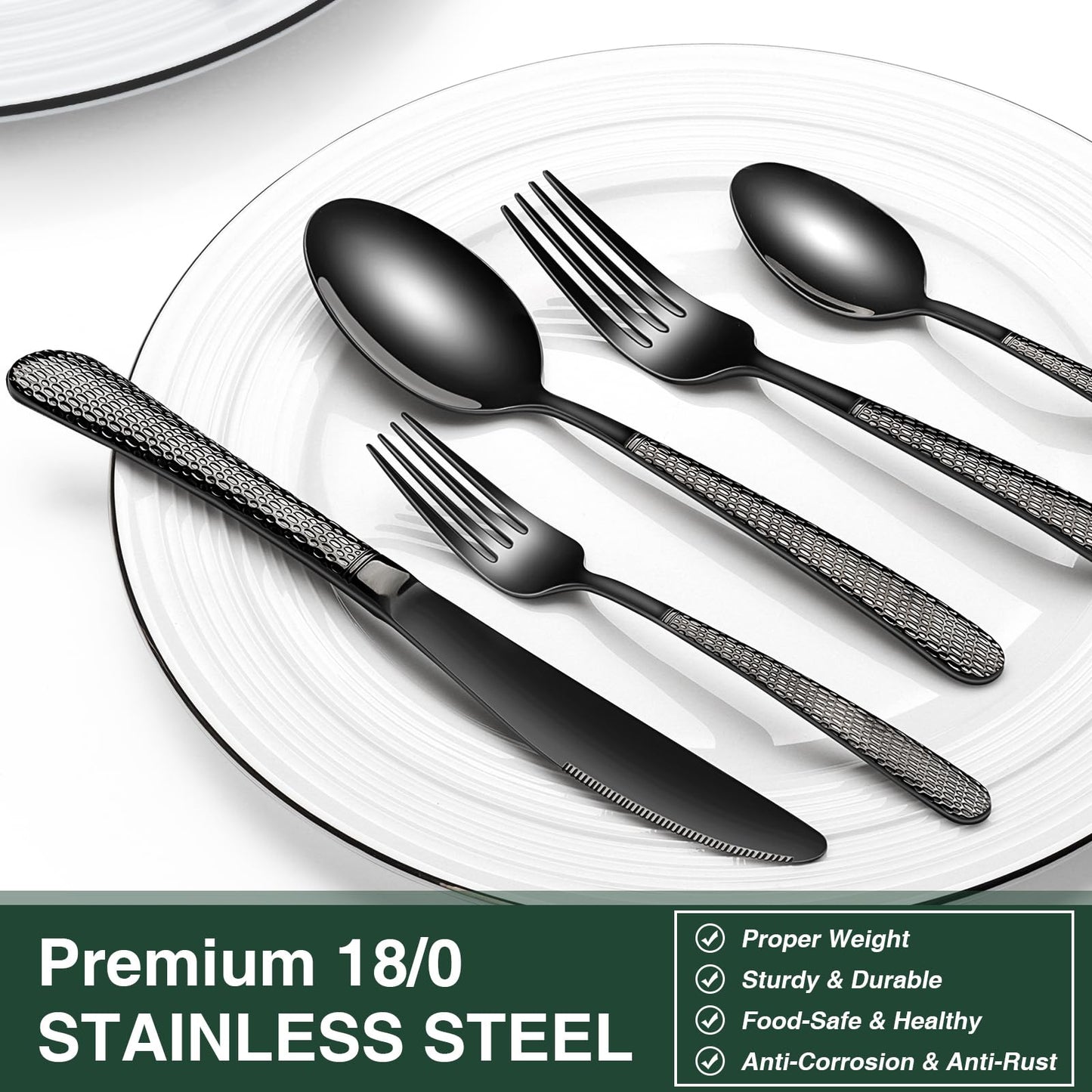 Black Hammered Silverware Set, 40-Piece Stainless Steel Heavy Duty Flatware Set for 8, Food-Grade Tableware Cutlery Set, Utensil Sets for Home Restaurant, Mirror Finish, Dishwasher Safe