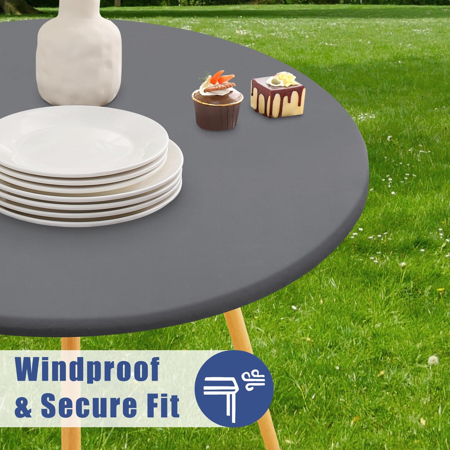 Moosfor Round Spandex Tablecloth, Elastic Fitted Waterproof Tablecloths for 18"-24" Tables, Stretch Washable Picnic Table Cover for Camping, Dining, Indoor and Outdoor, Grey