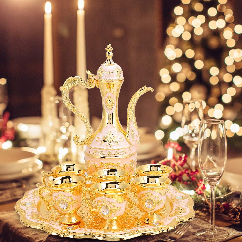 LIZEALUCKY Vintage Metal Turkish Coffee Pot Set Turkish Tea Set with 6 Luxury Coffee Cups and Craft Tea Tray Teapot for Serving Tea Zamzam Coffee Cappuccino, Turkish Teapot for Wedding Gift(Gold)