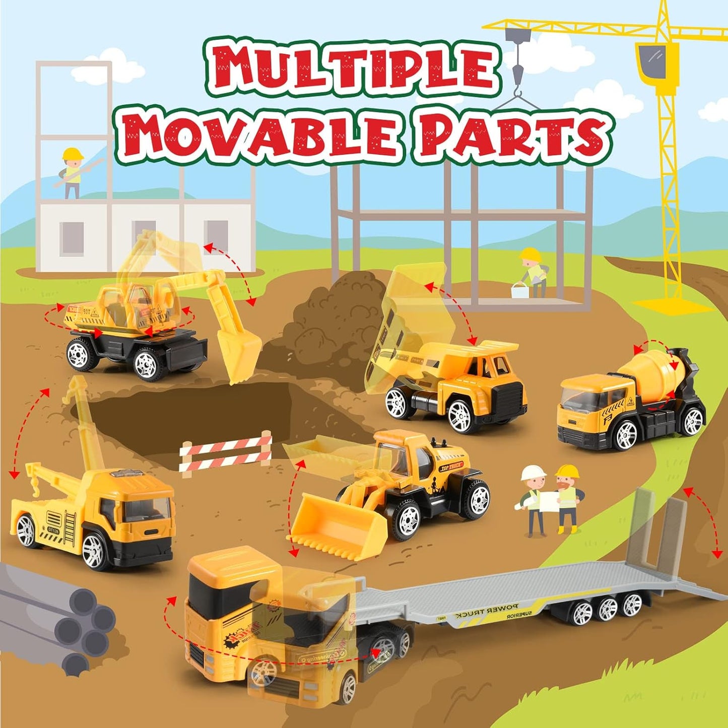 Advent Calendar - Alloy Construction Engineering Vehicle Toy Set with 2 Mats | Christmas Gifts for Boys Ages 3-8 (Yellow)