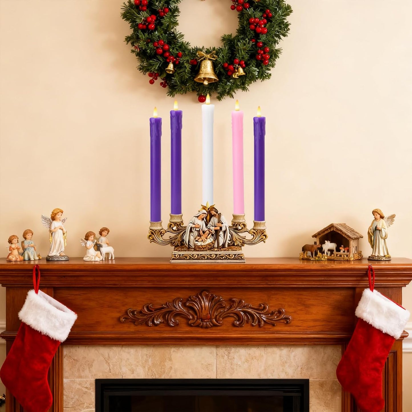 Lezonic Flameless Advent Candles - Battery Operated LED Taper Set of 5 | 3 Purple, 1 Pink, 1 White for Christmas Decor