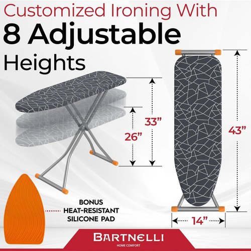 Bartnelli Compact Ironing Board - Space-Saving 13x43 Steel Design | Adjustable Height & Bonus Hanger