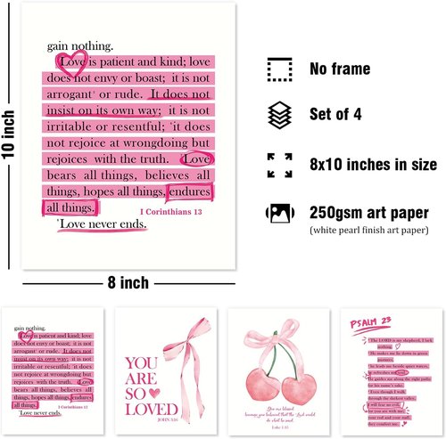 DSHFG Cute Preppy Pink Bow Bible Verses Wall Art - Set of 4 Christian Prints for Teen Girls' Rooms | 8x10 Unframed
